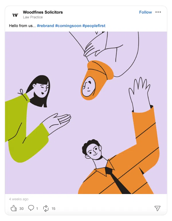 Woodfines illustration with diverse people greeting, announcing upcoming rebrand