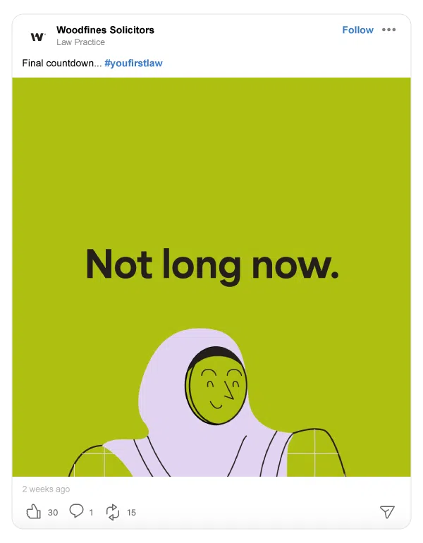 Woodfines illustration with text 'Not long now' announcing final countdown for rebrand