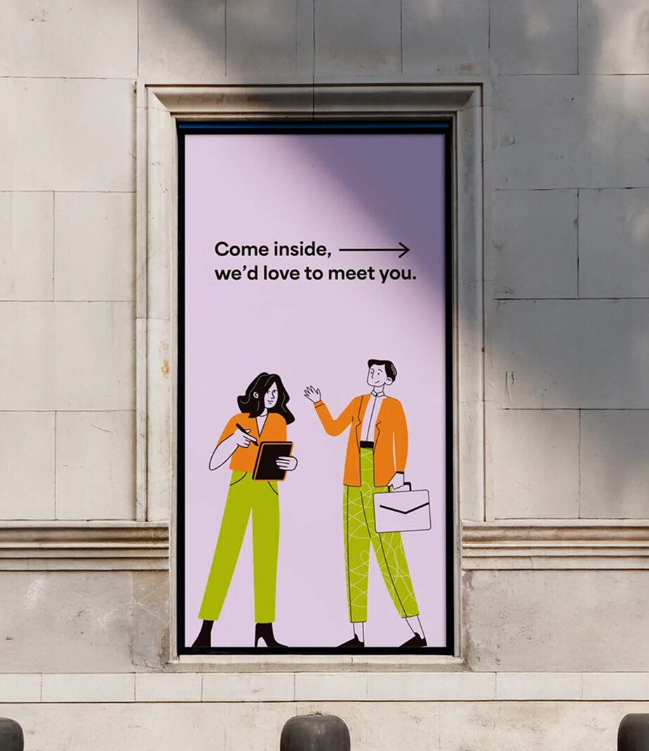 Woodfines illustration poster with two people and text 'Come inside, we'd love to meet you'