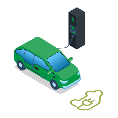 Illustration of an electric car charging at a station.