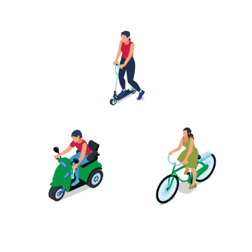 Illustration of people using alternative transportation, including a scooter, a motorbike, and a bicycle.