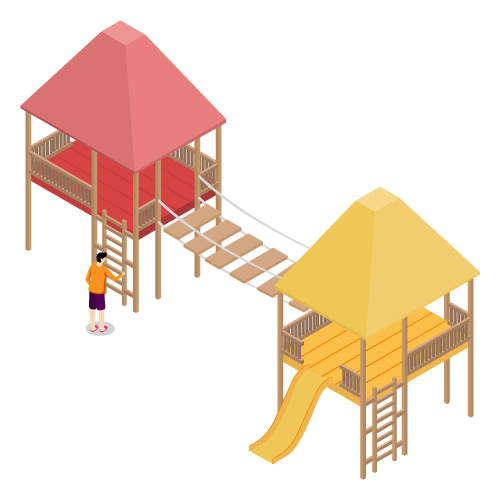 Illustration of a playground with two structures connected by a rope bridge and a slide.