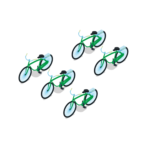Illustration of a group of bicycles parked together.