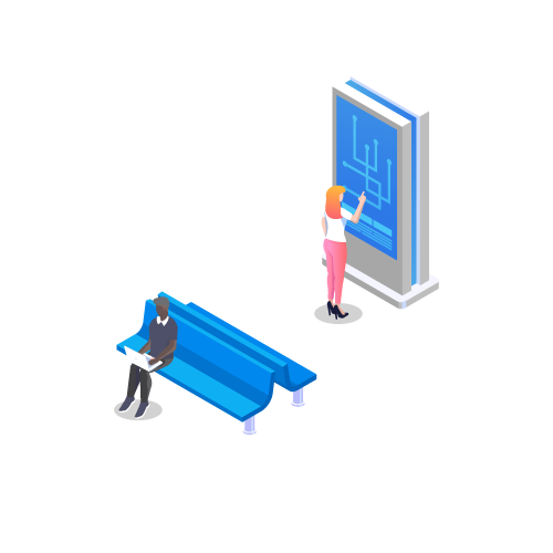 Illustration of a bus stop with a person sitting on a bench and another using an interactive screen