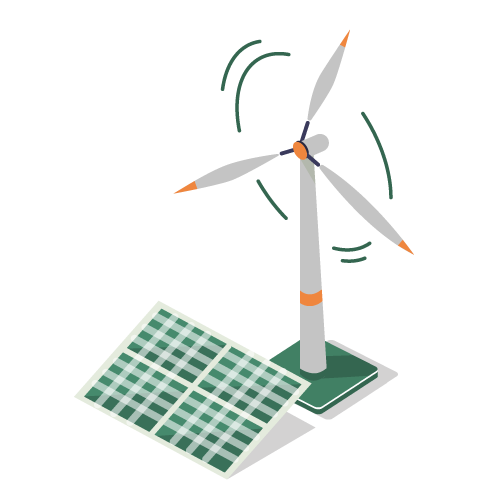 Illustration of a wind turbine and solar panel representing renewable energy