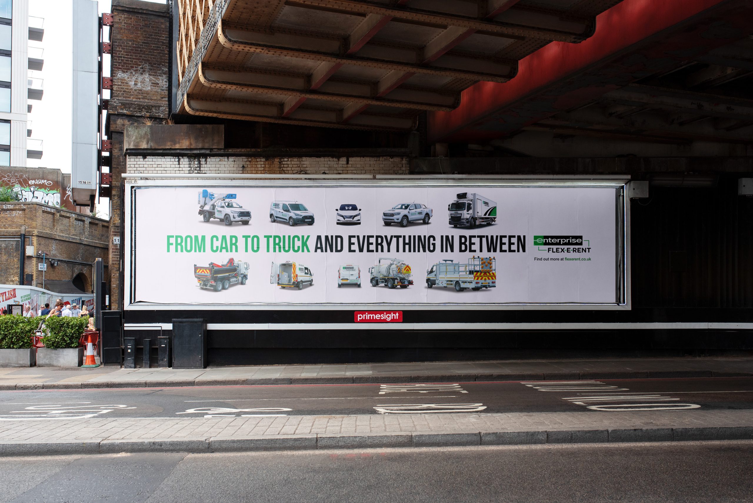 Enterprise Flex-E-Rent billboard showing cars and trucks with tagline ‘From car to truck and everything in between’.