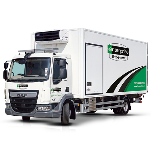 White Enterprise Flex-E-Rent refrigerated lorry.