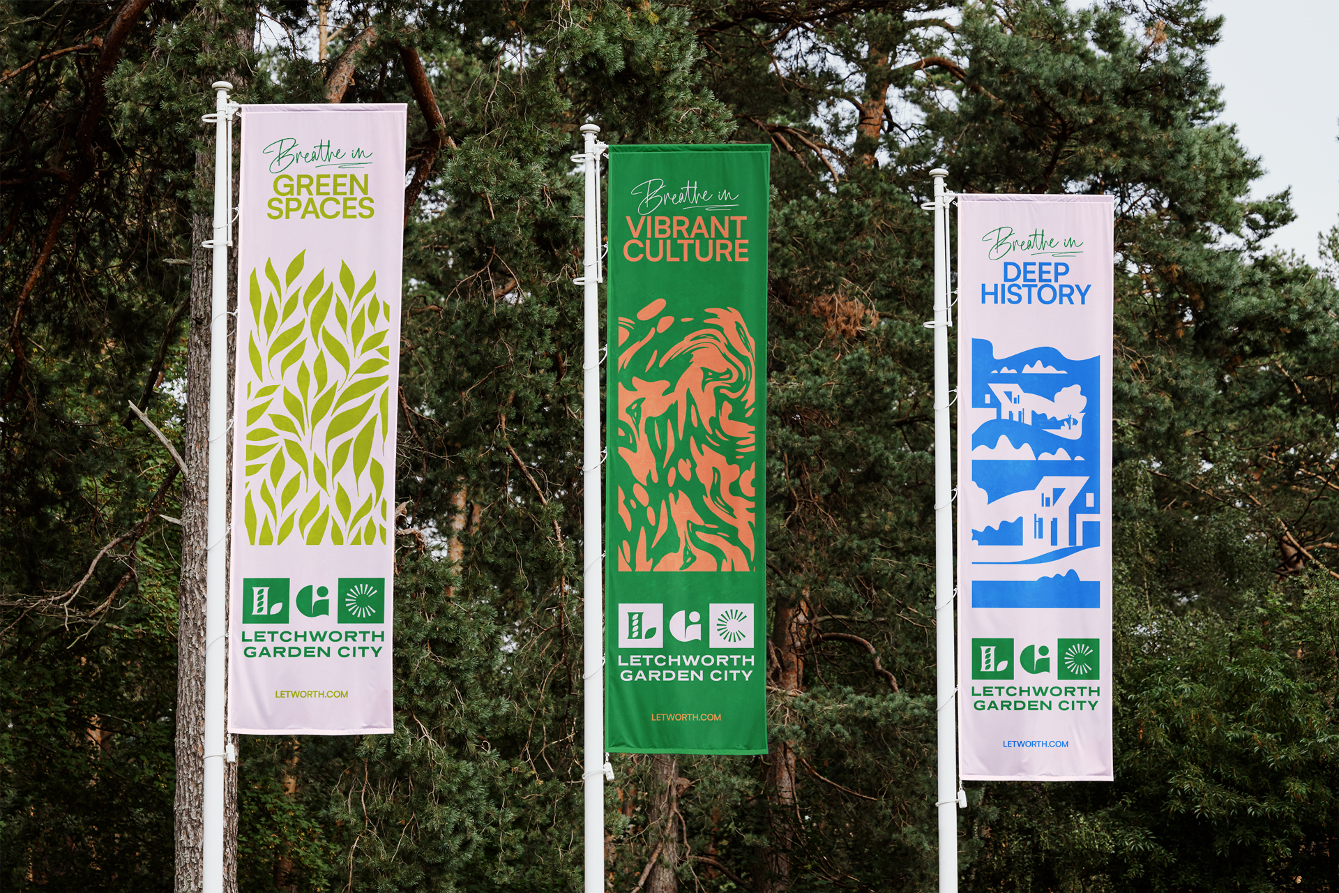 Three vertical banners promoting green spaces, culture, and history in Letchworth Garden City.