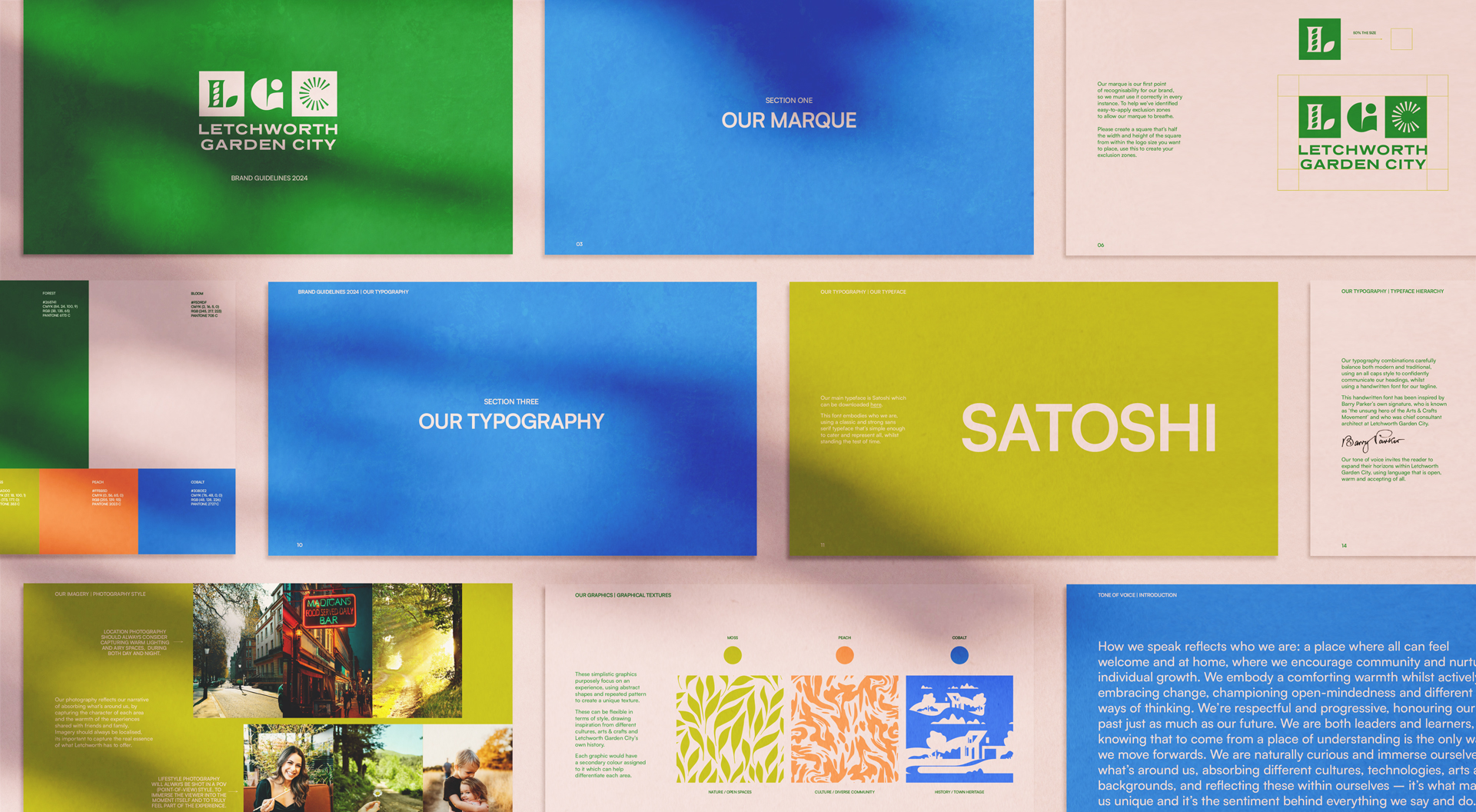 Open pages of Letchworth Garden City brand guidelines showing colors, typography, and logo.
