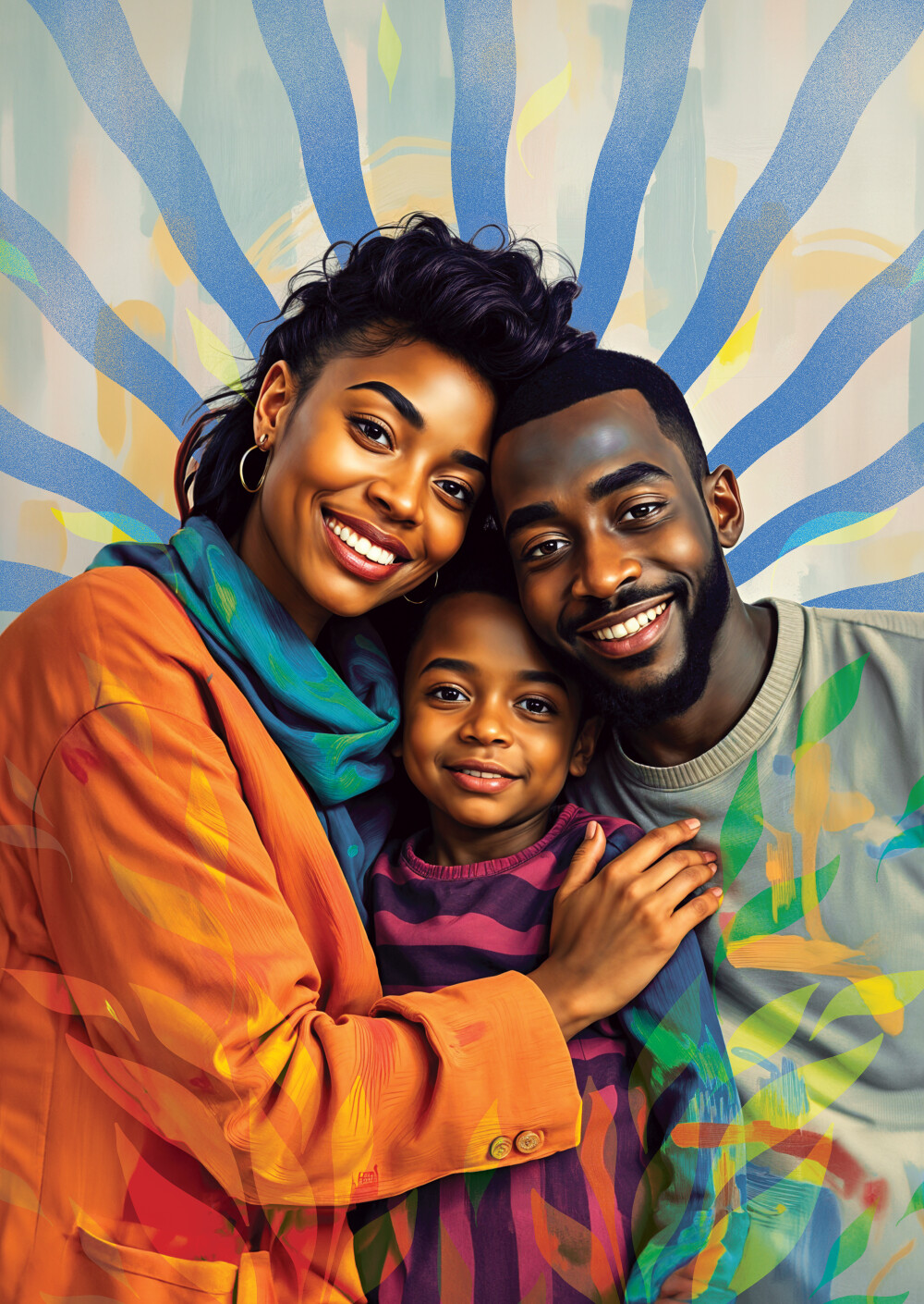Vibrant illustration of a smiling family with colorful abstract patterns in the background.