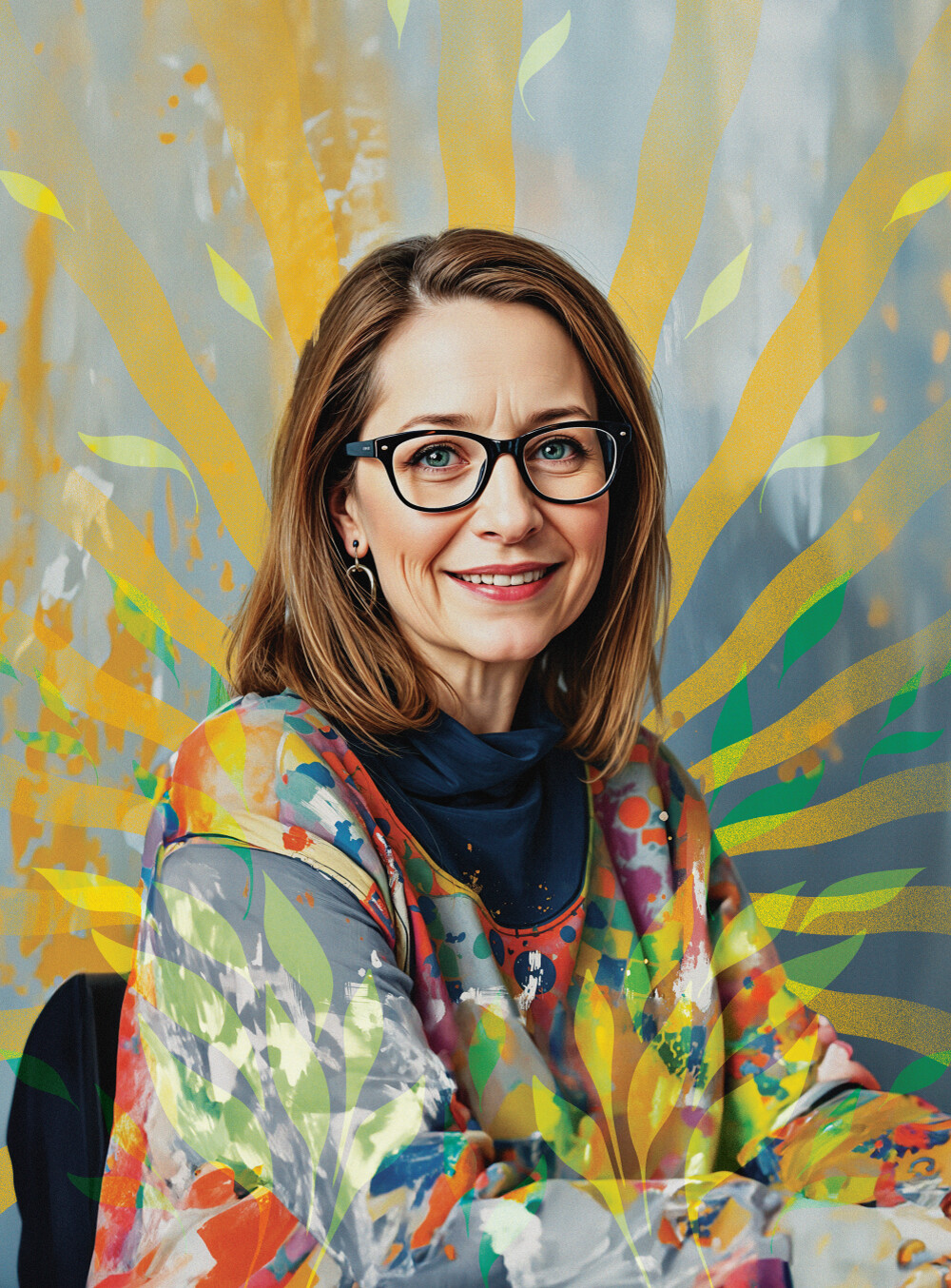 Artistic portrait of a woman wearing glasses with colorful patterns and rays in the background.