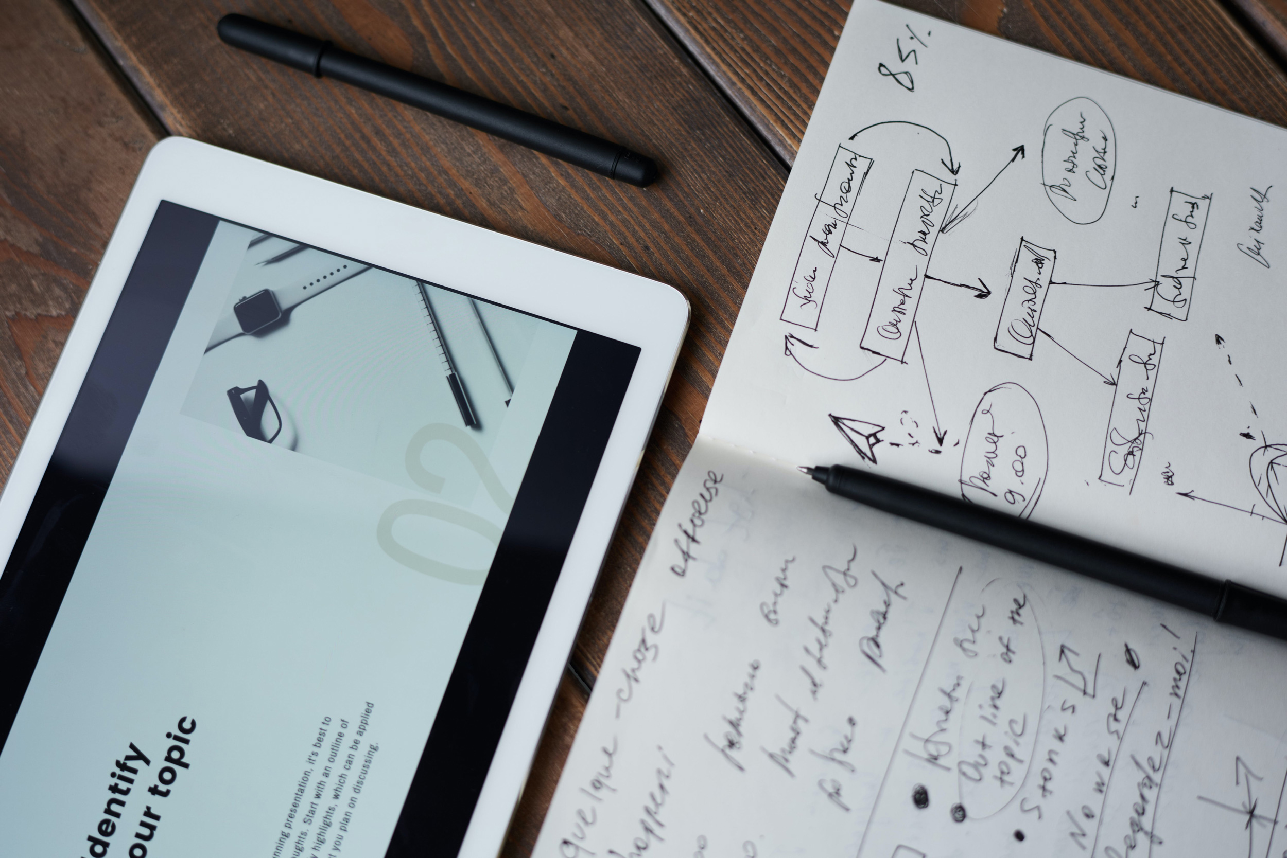 A flat lay of a marketing planning session, with a tablet displaying a presentation and a notebook filled with strategic brainstorming notes.