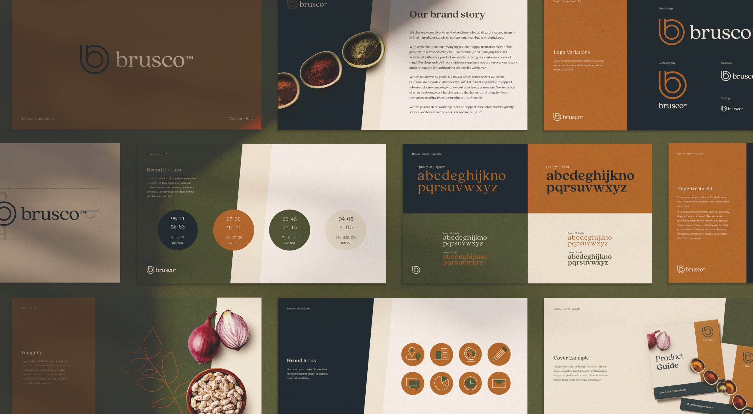 Brusco Food Group brand guidelines showing logo, typography, colors, and visual identity elements.