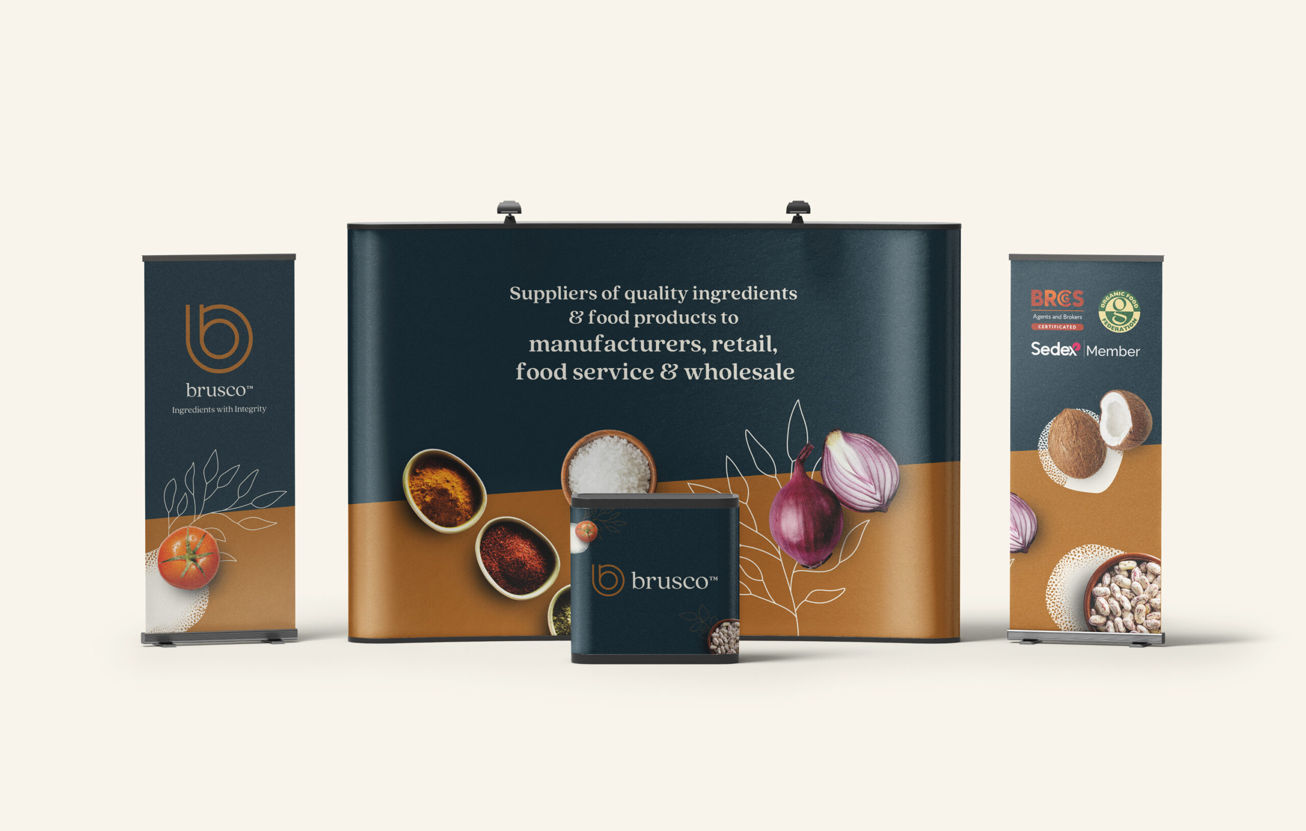 Brusco branded exhibition stand with banners showcasing high-quality food ingredients.