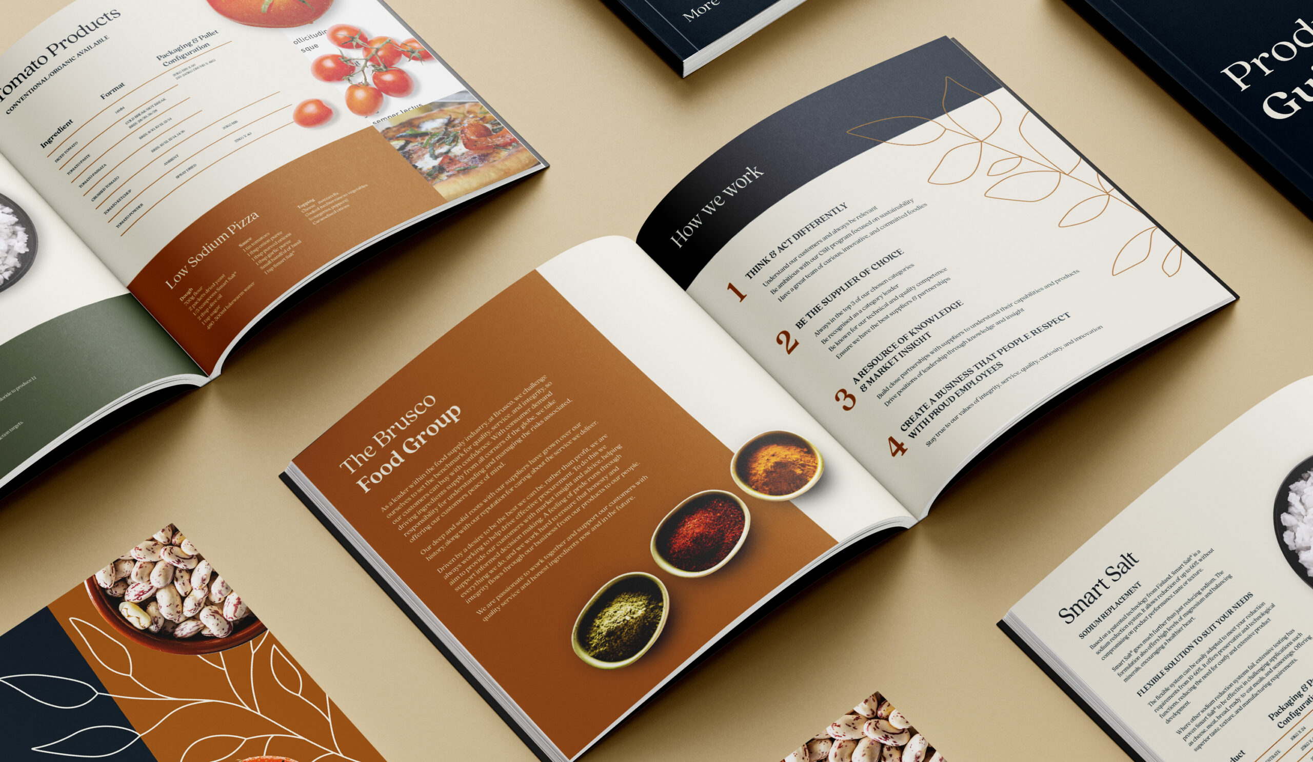 Open Brusco product brochure featuring modern layouts, infographics, and vibrant food photography.