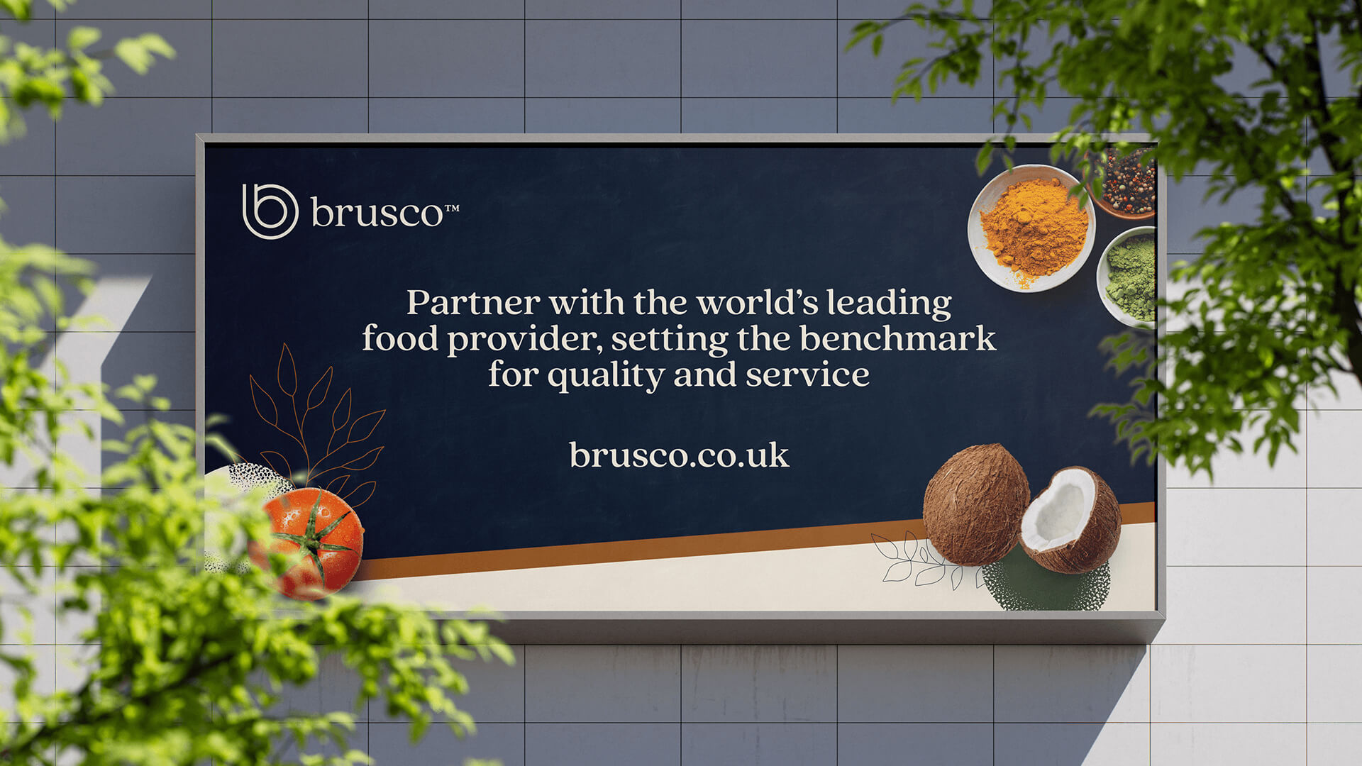 Outdoor Brusco billboard promoting high-quality ingredients with bold text and fresh food imagery.