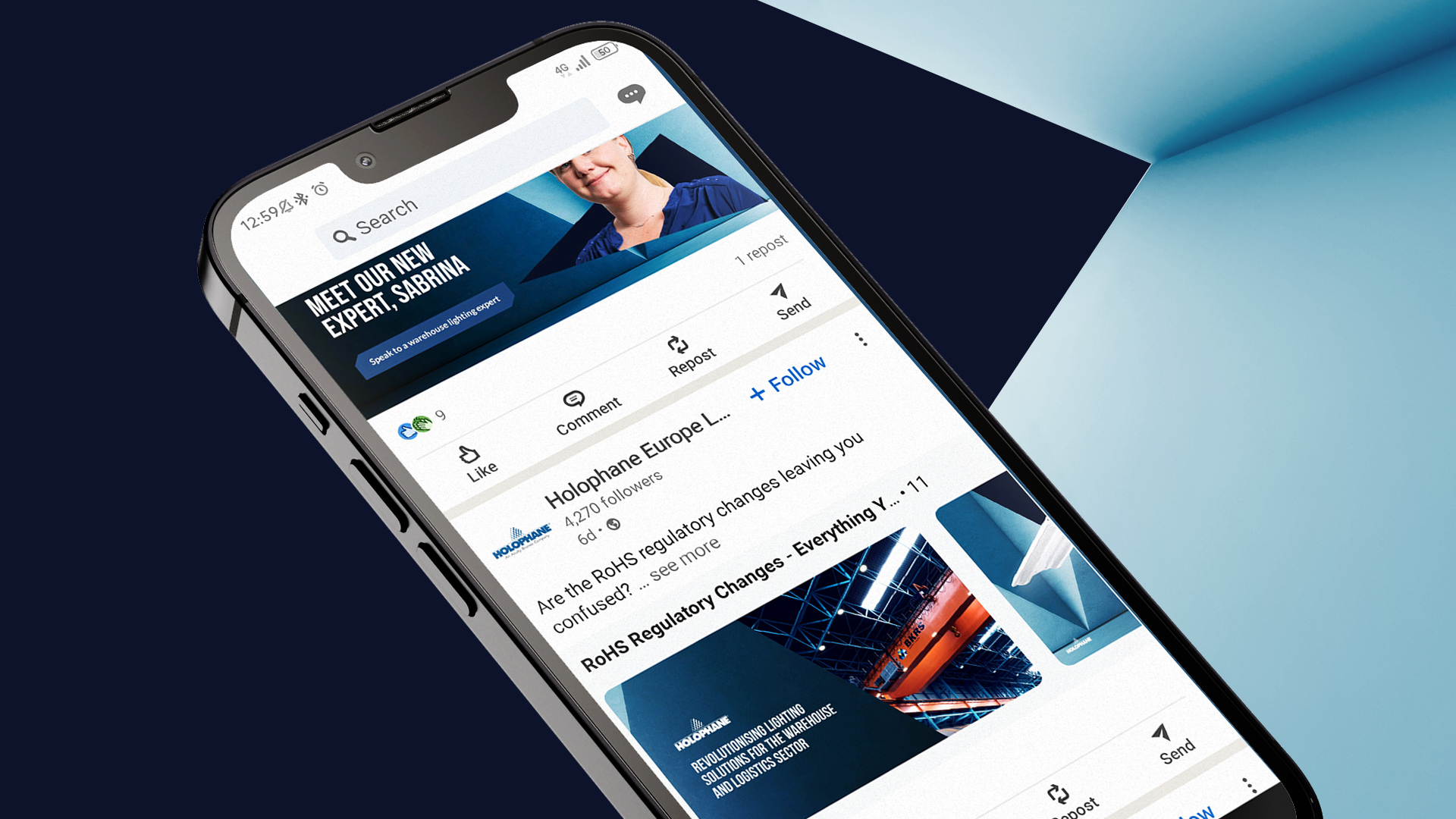 Holophane campaign hero banner with lighting fixture and digital overlay