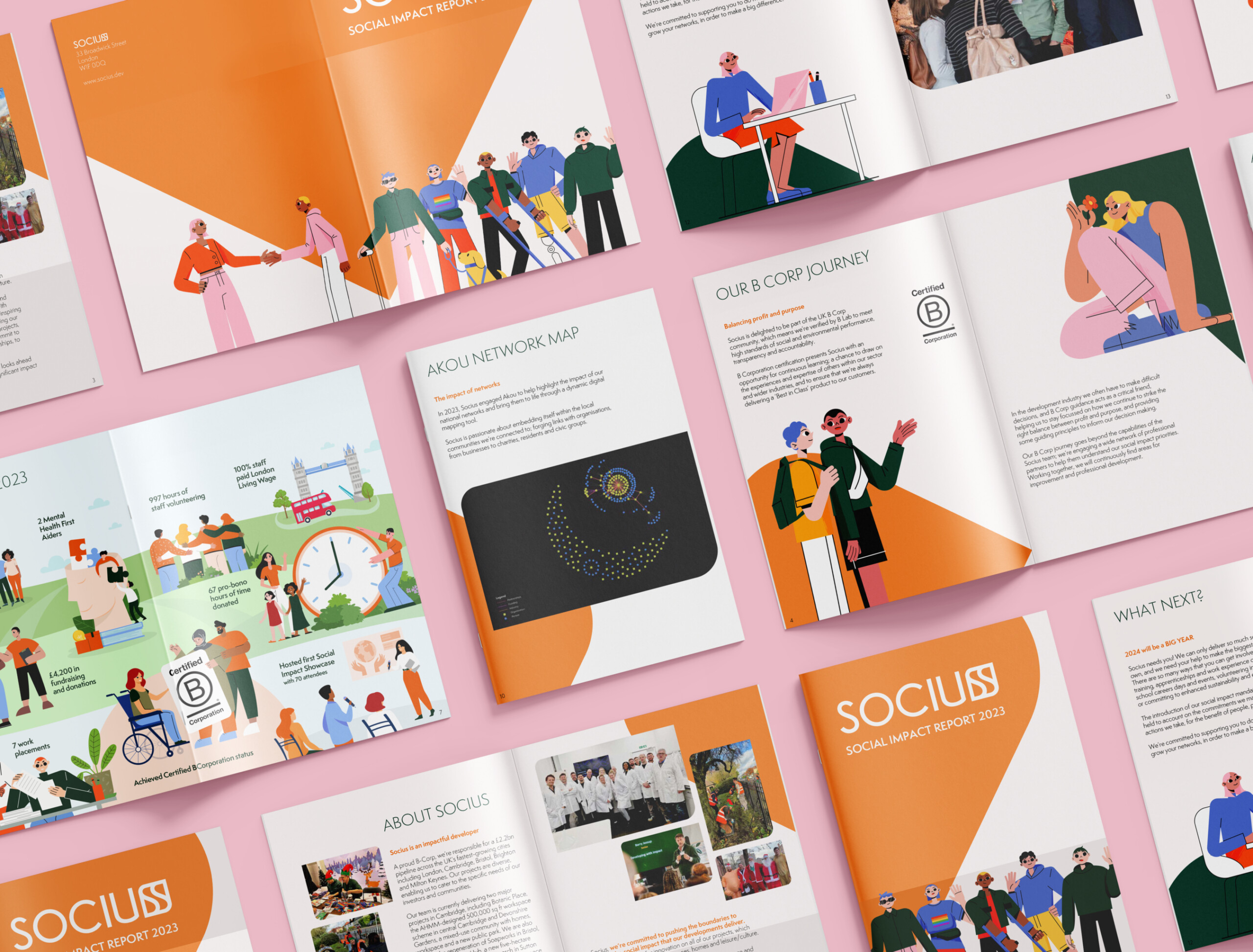 Socius social impact report with vibrant illustrations and infographics.