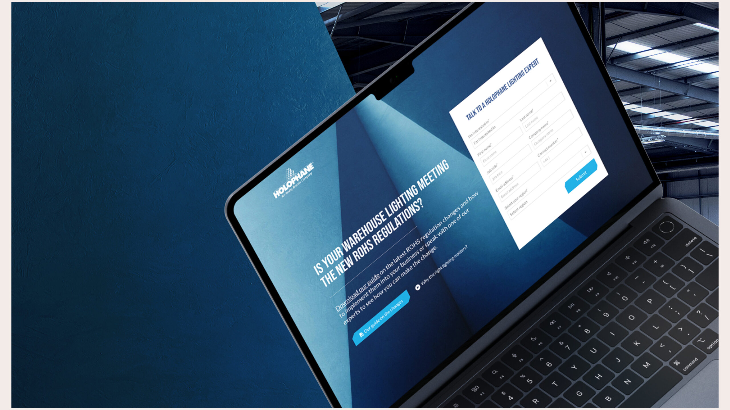 The Holophane lead-generation landing page on a laptop, part of their digital campaign on lighting regulations.