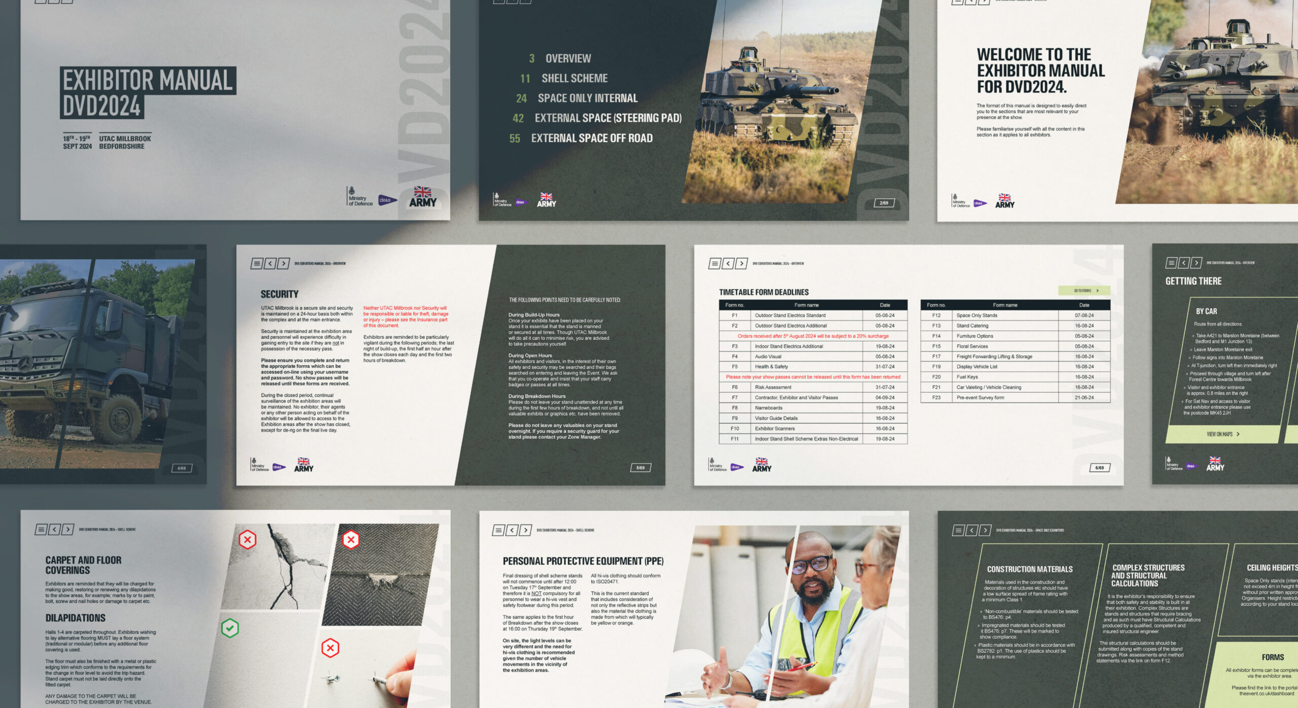 Flat lay of an exhibitor manual with sections on security, setup, and event logistics.