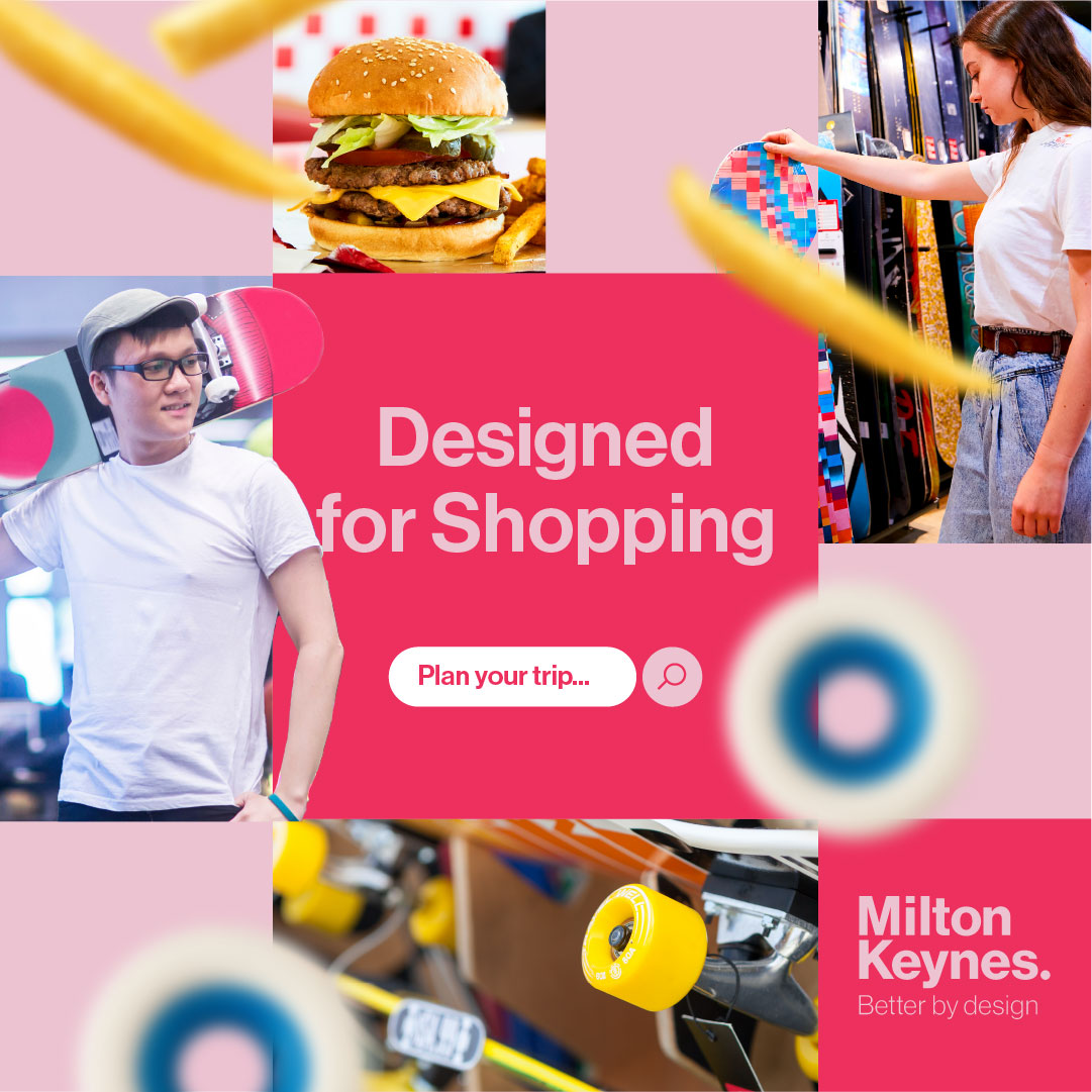 Summer campaign visual by Stratos Creative for Destination Milton Keynes, highlighting shopping, dining, and leisure attractions