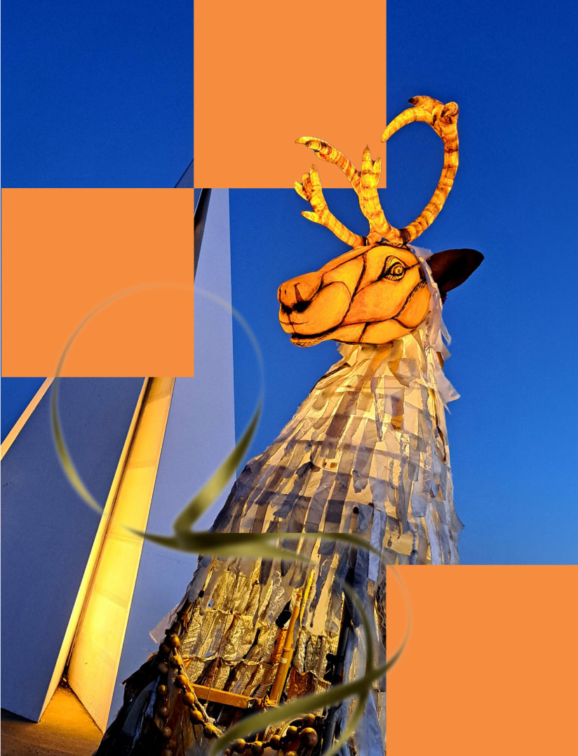 Creative campaign image for Destination Milton Keynes, featuring a lit reindeer sculpture against a deep blue sky with bold graphic elements