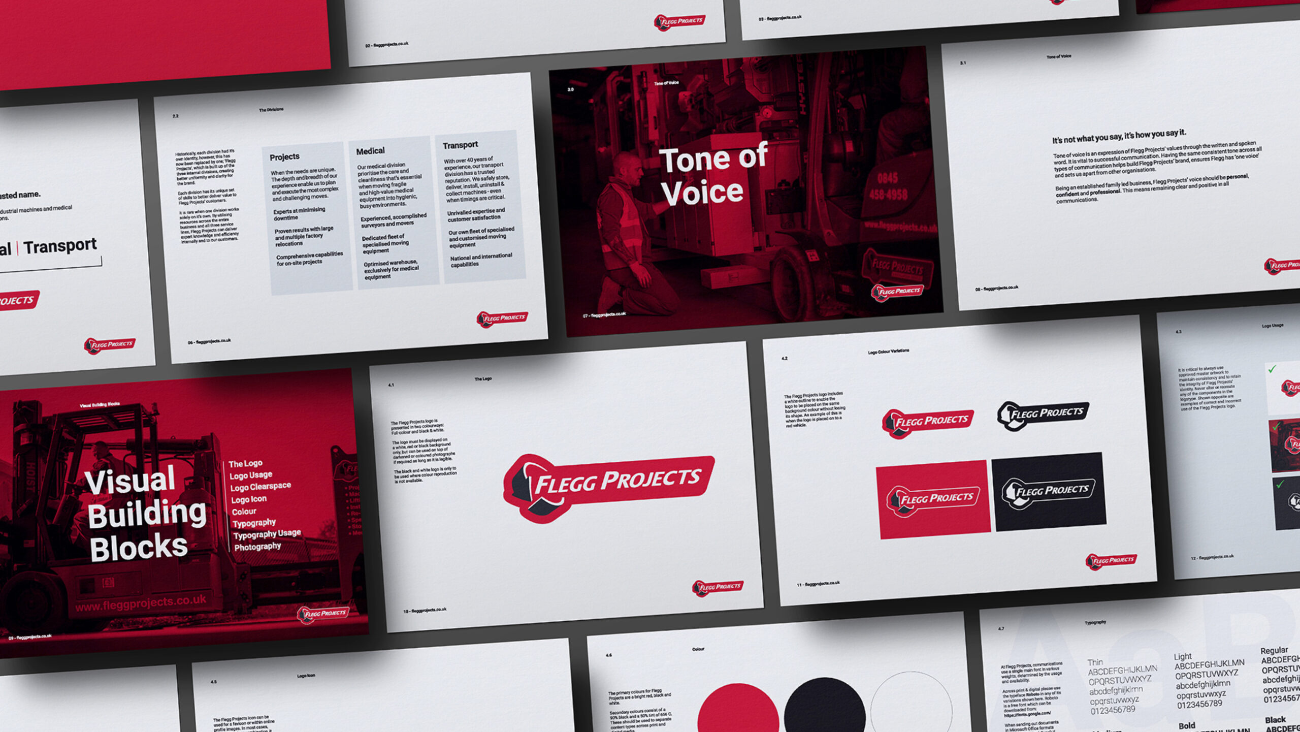 Flegg Projects brand guidelines showcasing logo, typography, and tone of voice.