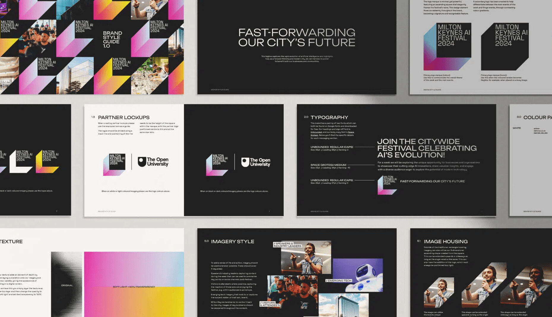 Brand guidelines – Milton Keynes AI Festival brand style guide spread.