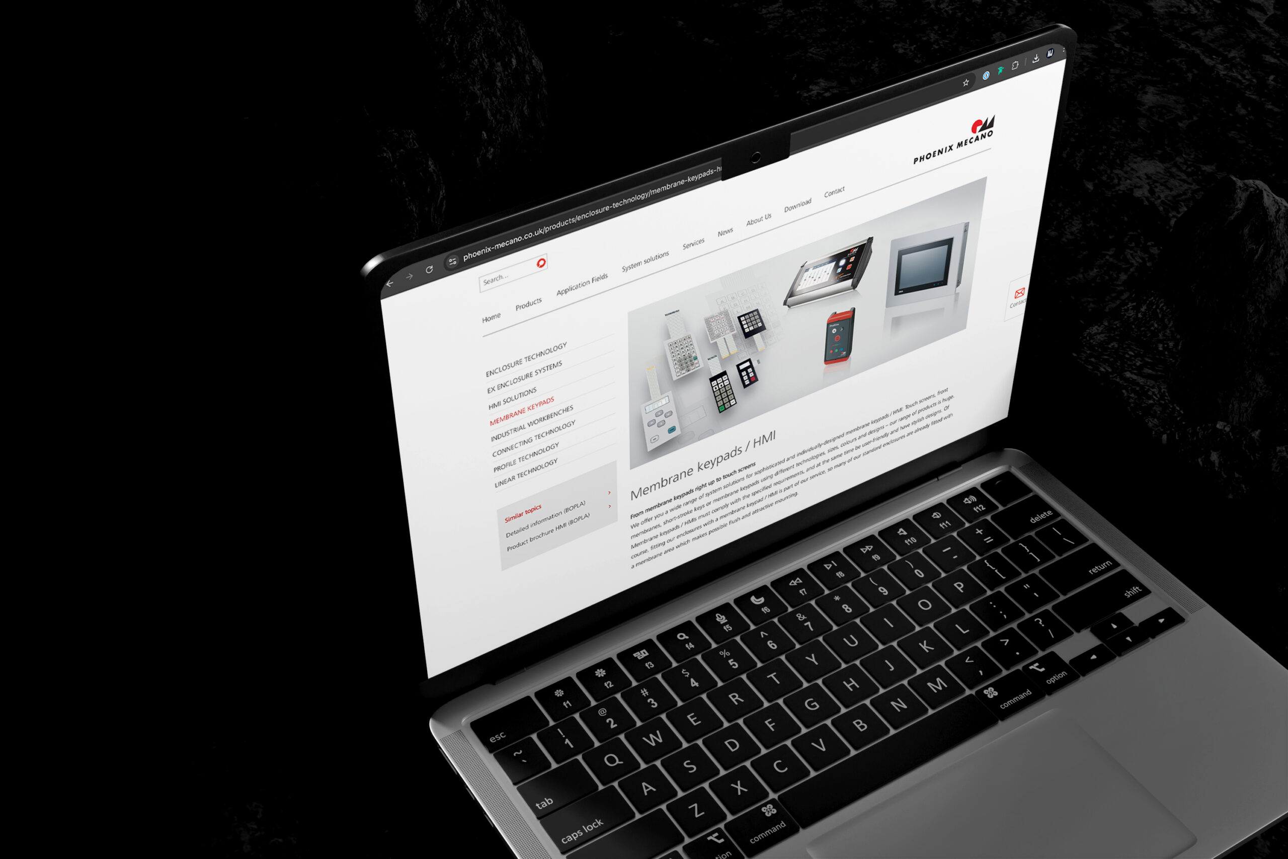 A collage of different content pages from the Phoenix Mecano website, developed to improve SEO and attract high-quality leads across various industrial sectors.