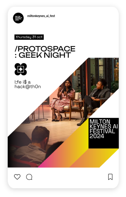 Post-01.png – Milton Keynes AI Festival Instagram post promoting Geek Night panel discussion.