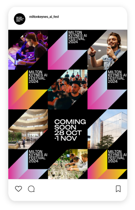 Post-03.png – Milton Keynes AI Festival Instagram post with multiple event images and dates.