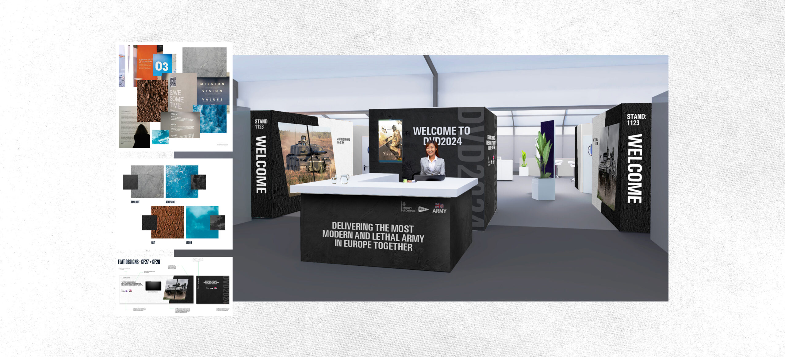 3D render of a modern defence exhibition stand with welcome desk and bold signage.