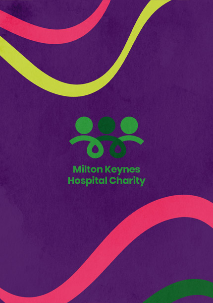 Milton Keynes Hospital Charity logo on a purple background with decorative lines.