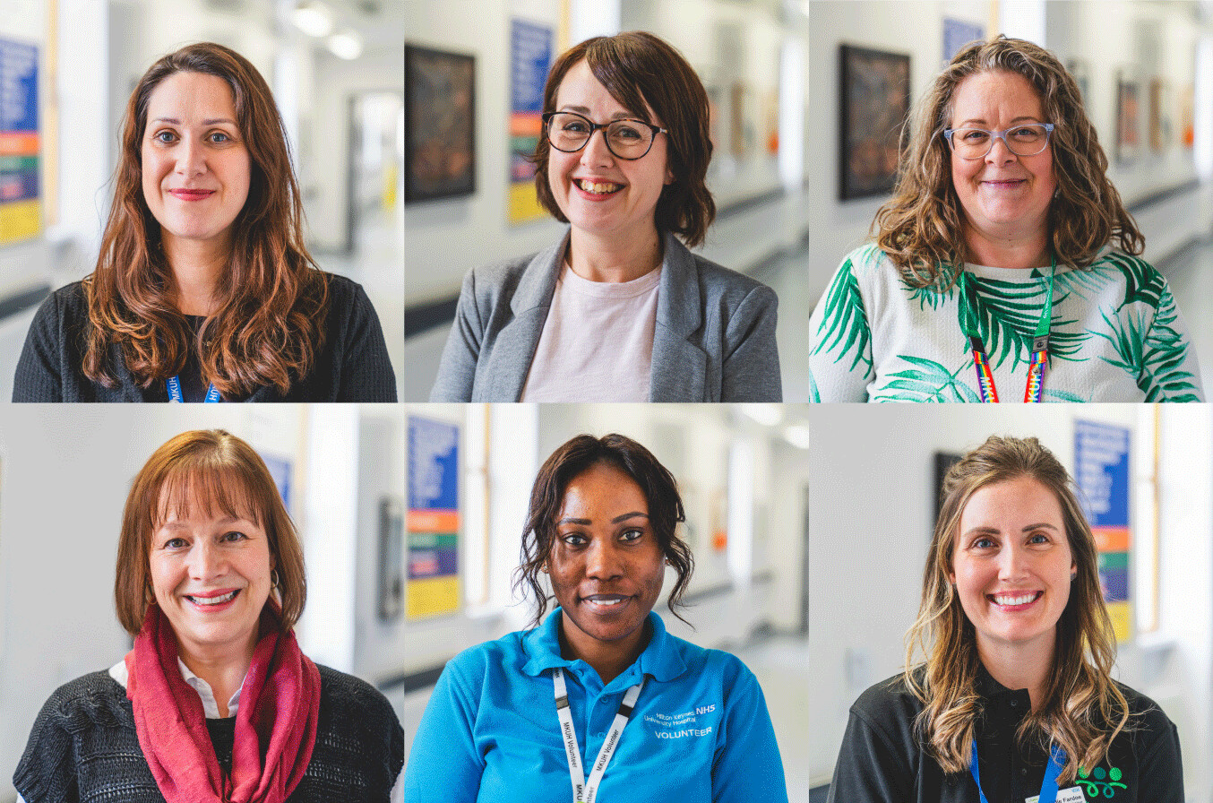 Smiling portraits of charity staff and volunteers.