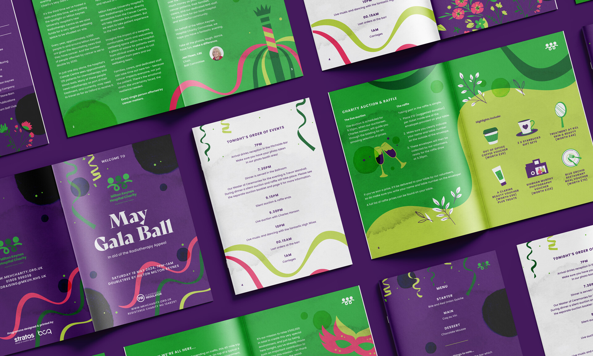 Colorful event program spread for Milton Keynes Hospital Charity May Gala Ball.