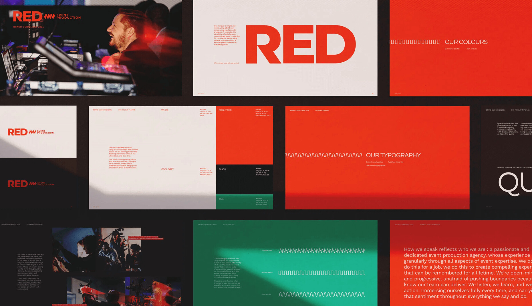 RED Event Production branding guide with color palettes, typography, and layout examples