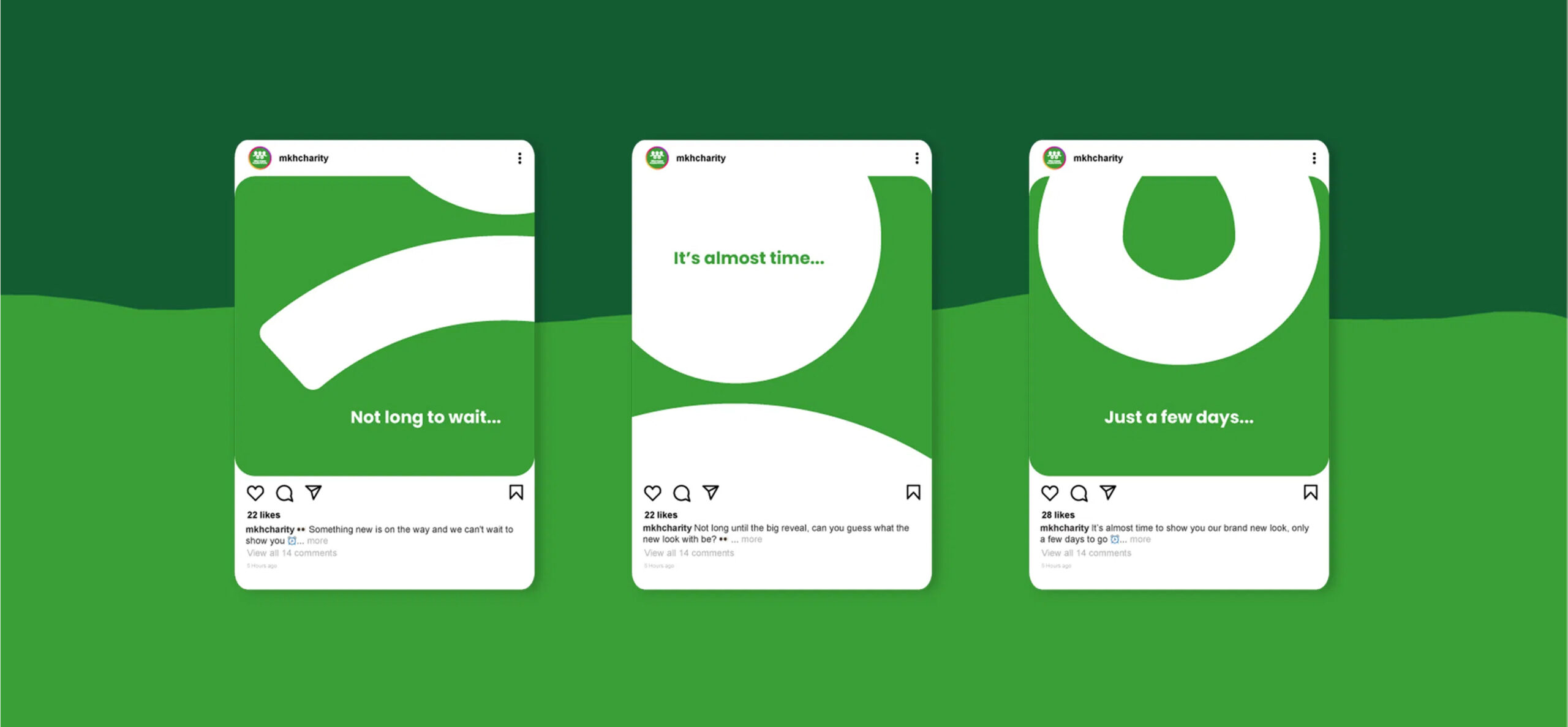 Social media graphics teasing a charity brand reveal.