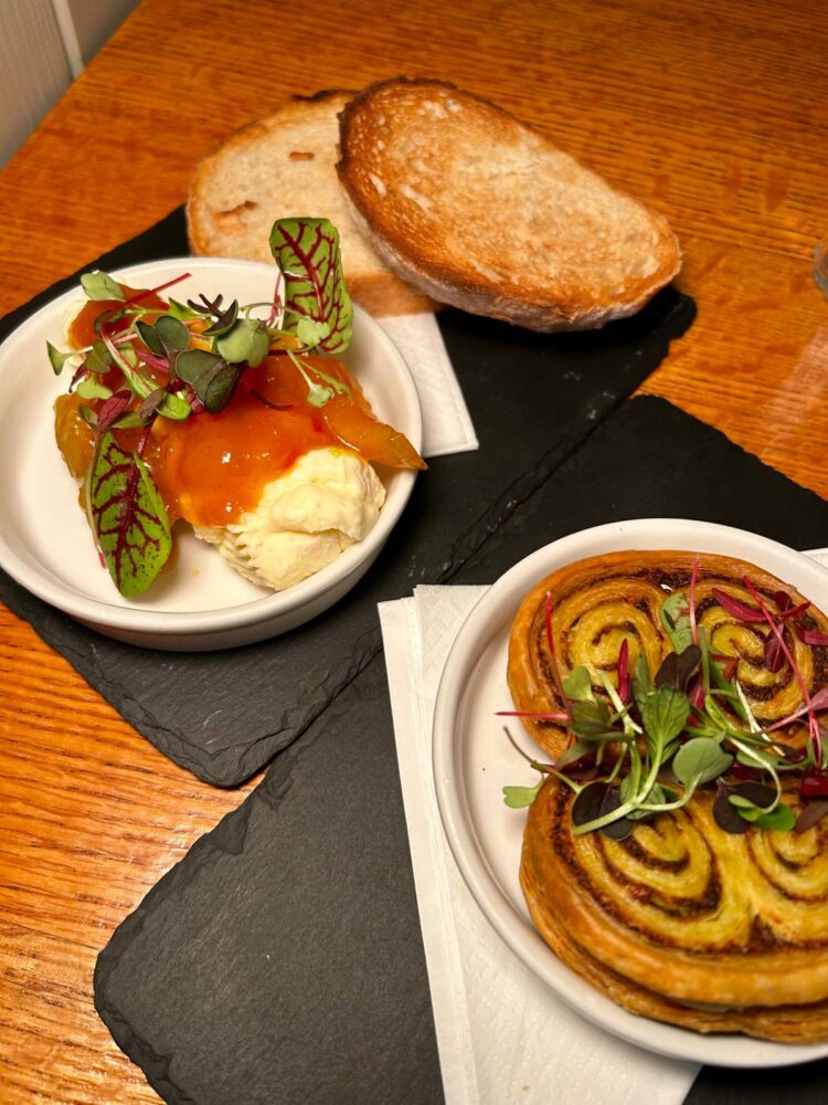 Toasted sourdough bread, whipped brie, mango and cumin chutney Wild garlic pesto palmiers, parmesan custard