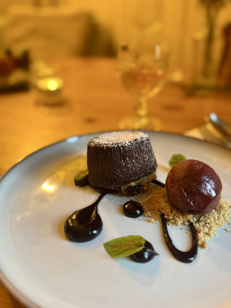Dark chocolate fondant, cherry and almond cookie base, cherry gel, toasted almonds, cherry sorbet