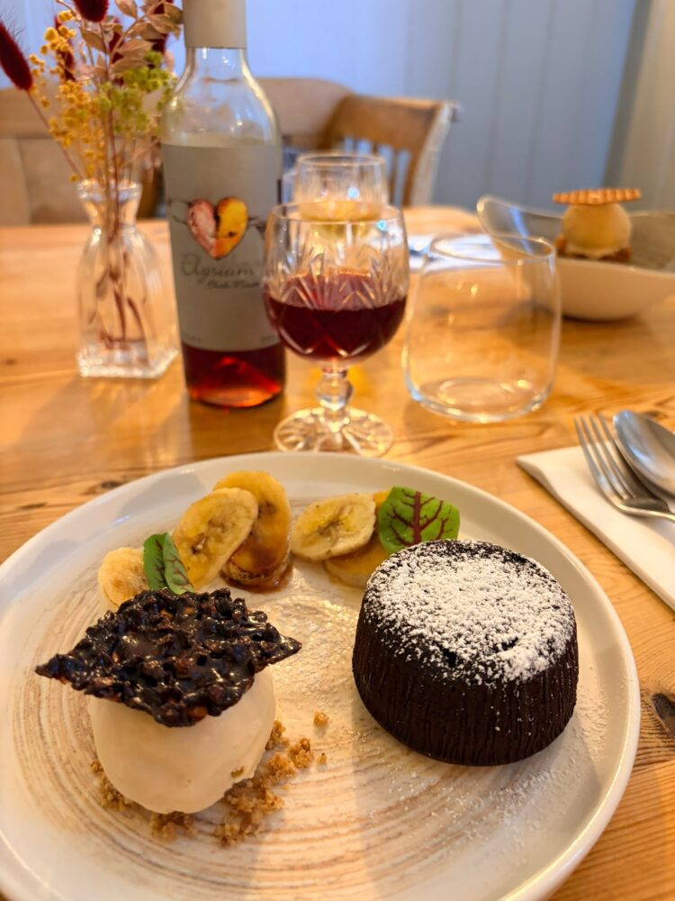 Chocolate fondant, banoffee ice cream, roasted banana, cocoa nib tuille