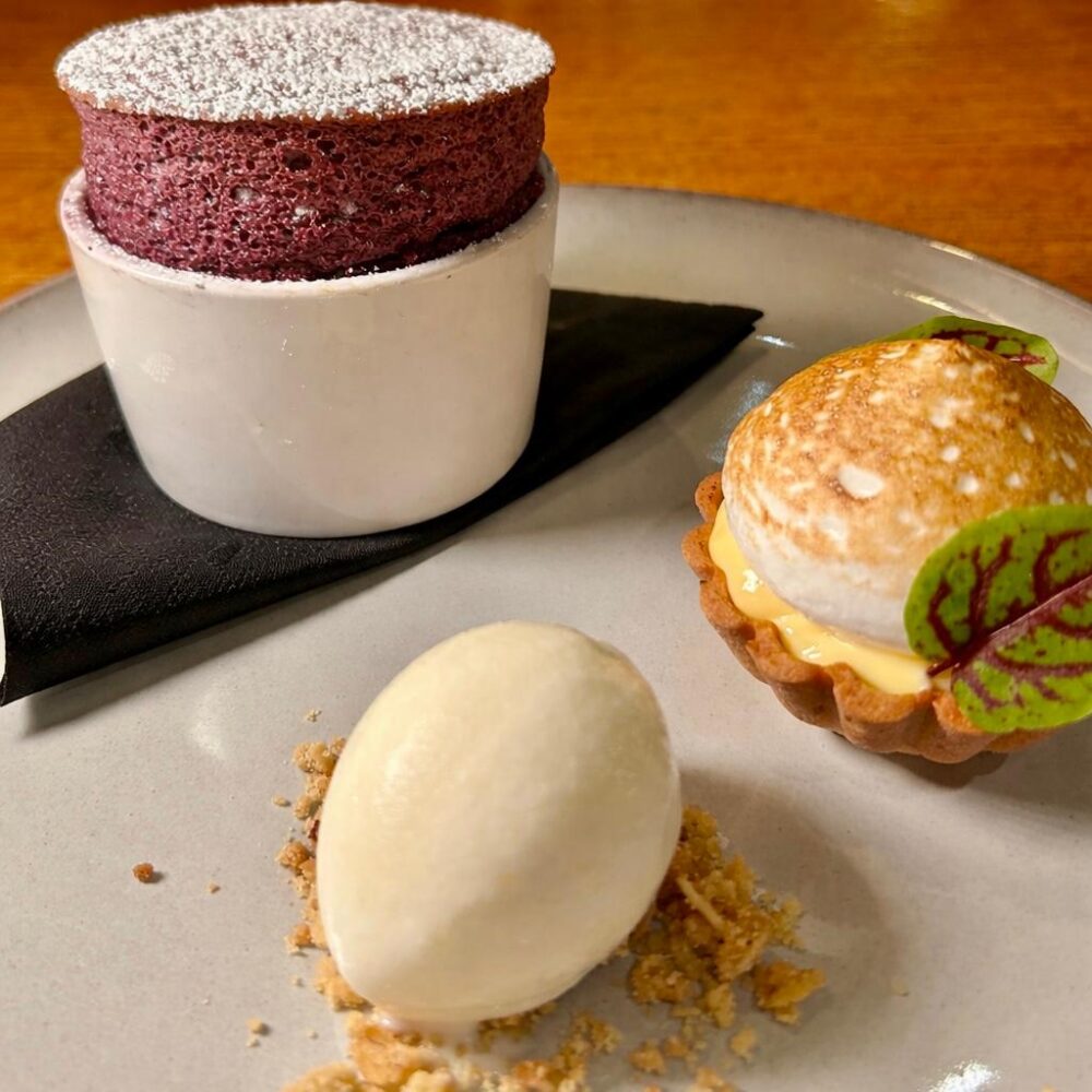 Blueberry souffle, lemon meringue tart, yoghurt sorbet